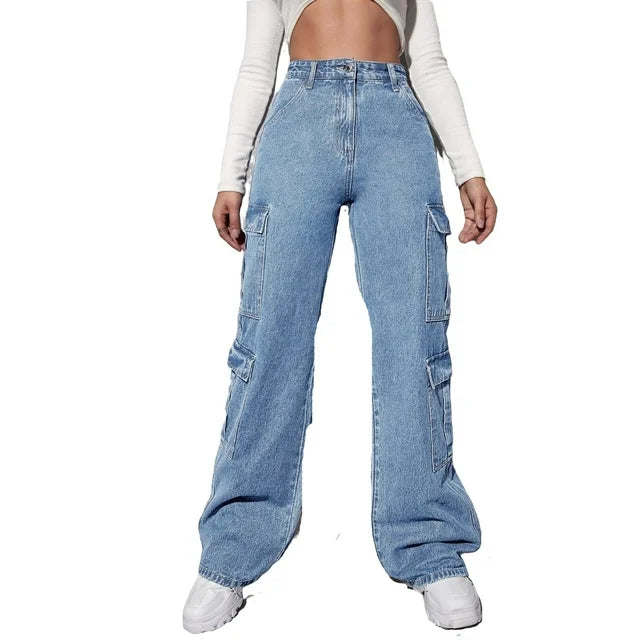 High Waisted Cargo Baggy Jeans ,Flap Pocket Side Cargo Jeans