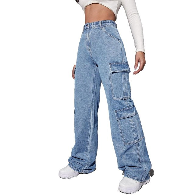 High Waisted Cargo Baggy Jeans ,Flap Pocket Side Cargo Jeans