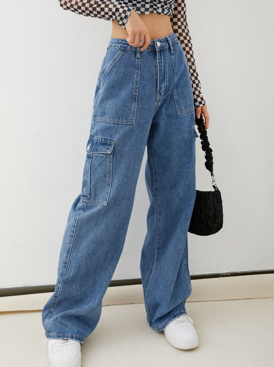 High Waisted Cargo Baggy Jeans ,Flap Pocket Side Cargo Jeans