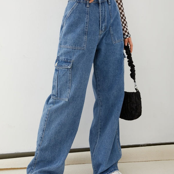 High Waisted Cargo Baggy Jeans ,Flap Pocket Side Cargo Jeans