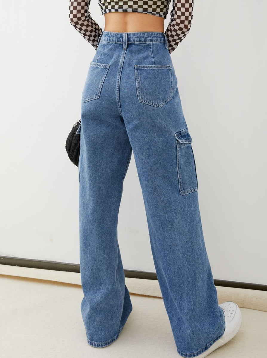 High Waisted Cargo Baggy Jeans ,Flap Pocket Side Cargo Jeans