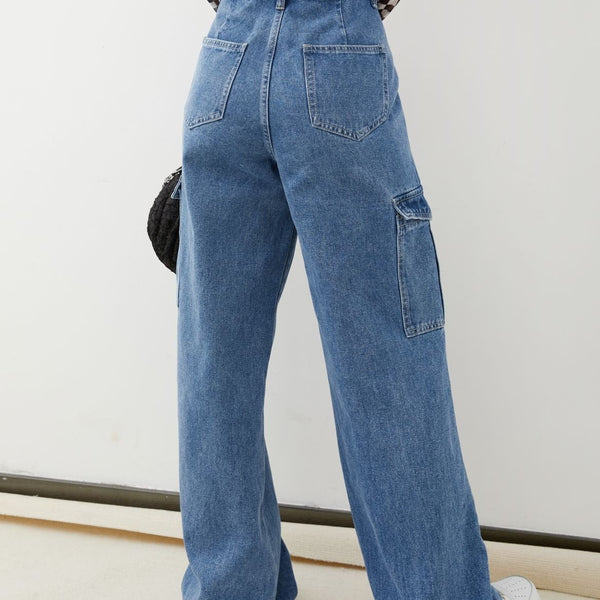 High Waisted Cargo Baggy Jeans ,Flap Pocket Side Cargo Jeans