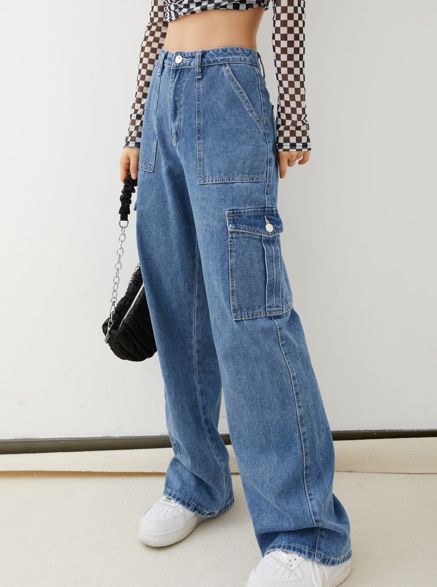 High Waisted Cargo Baggy Jeans ,Flap Pocket Side Cargo Jeans