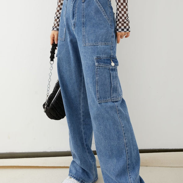 High Waisted Cargo Baggy Jeans ,Flap Pocket Side Cargo Jeans